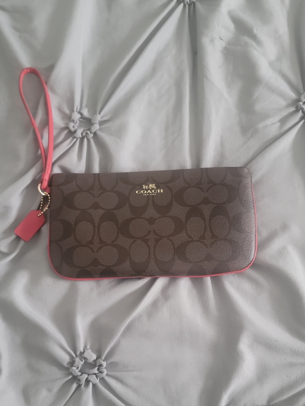 Coach Signature PVC Large Wallet Wristlet F65748. Dark Brown/Red Trim. EUC